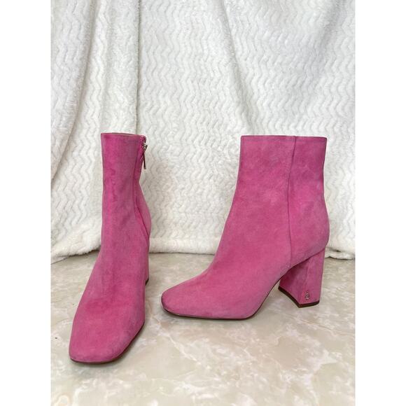 Sam Edelman Codie Square Toe Block Heel Bootie Pink Confetti Suede Womens 7 US - Picture 1 of 13